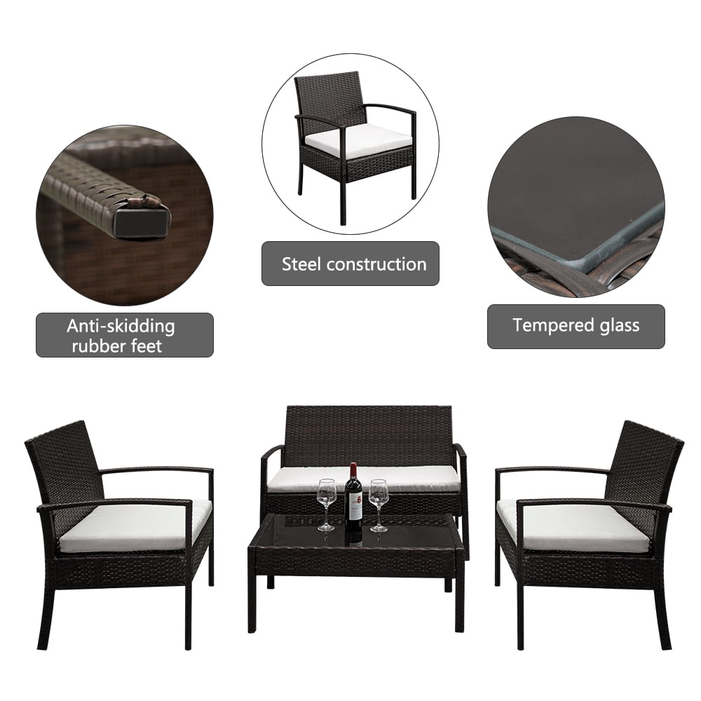 Outdoor Patio Bistro Furniture Set, 4 Pcs All-Weather Rattan Chair Set, Durable Patio Conversation Furniture Set, Cushioned Seats & Glass Table, Bistro Table Set for Garden Poolside Balcony, T2185