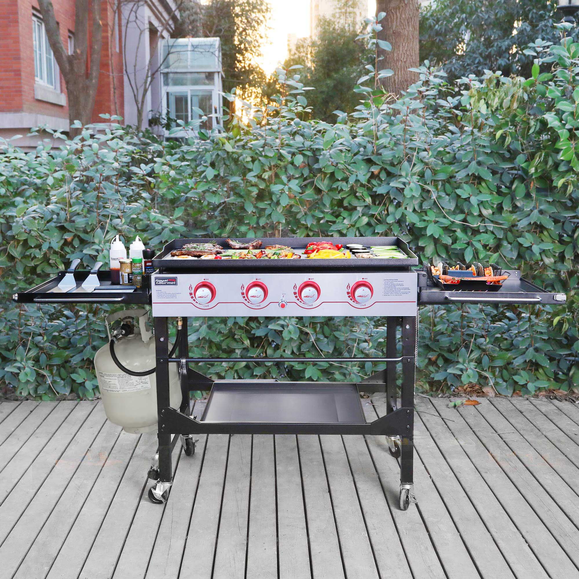 Royal Gourmet GB4000F 36" Flat Top Gas Griddle, 4-Burner BBQ Grill Griddle with Top Cover Lid, Folding Side Shelves and Legs for Large Outdoor Camping, Black