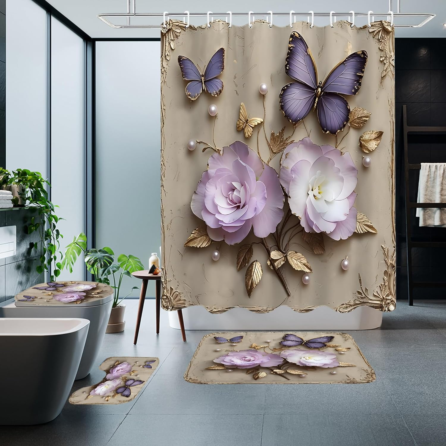 4Pcs Spring Themed Shower Curtain Set with Rugs Vintage Butterflies Bathroom Sets Floral Shower Curtain with 12 Hooks Bathroom Decor with Rugs Bath Accessories with Mats Toilet Lid Cover