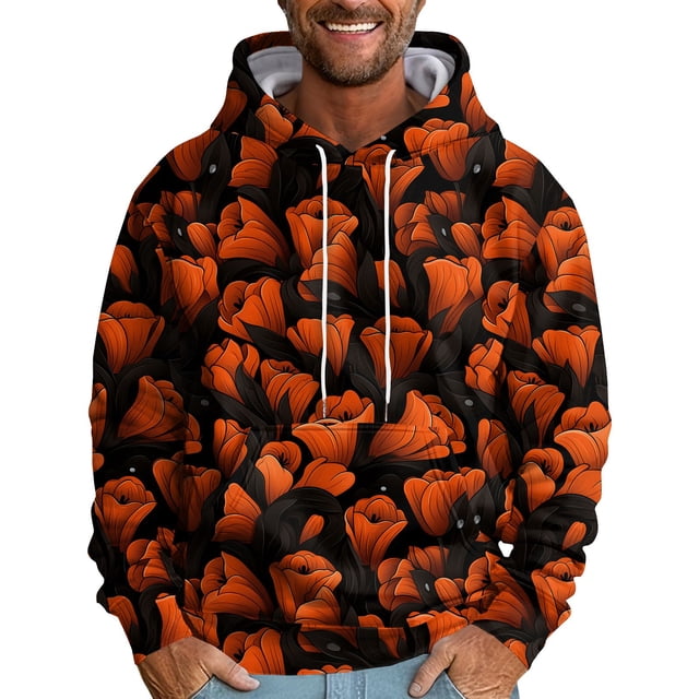 Men's Loose Flowers Printed Hooded Sweatshirt Men's Casual Fashion Sports Sweatshirt4XL