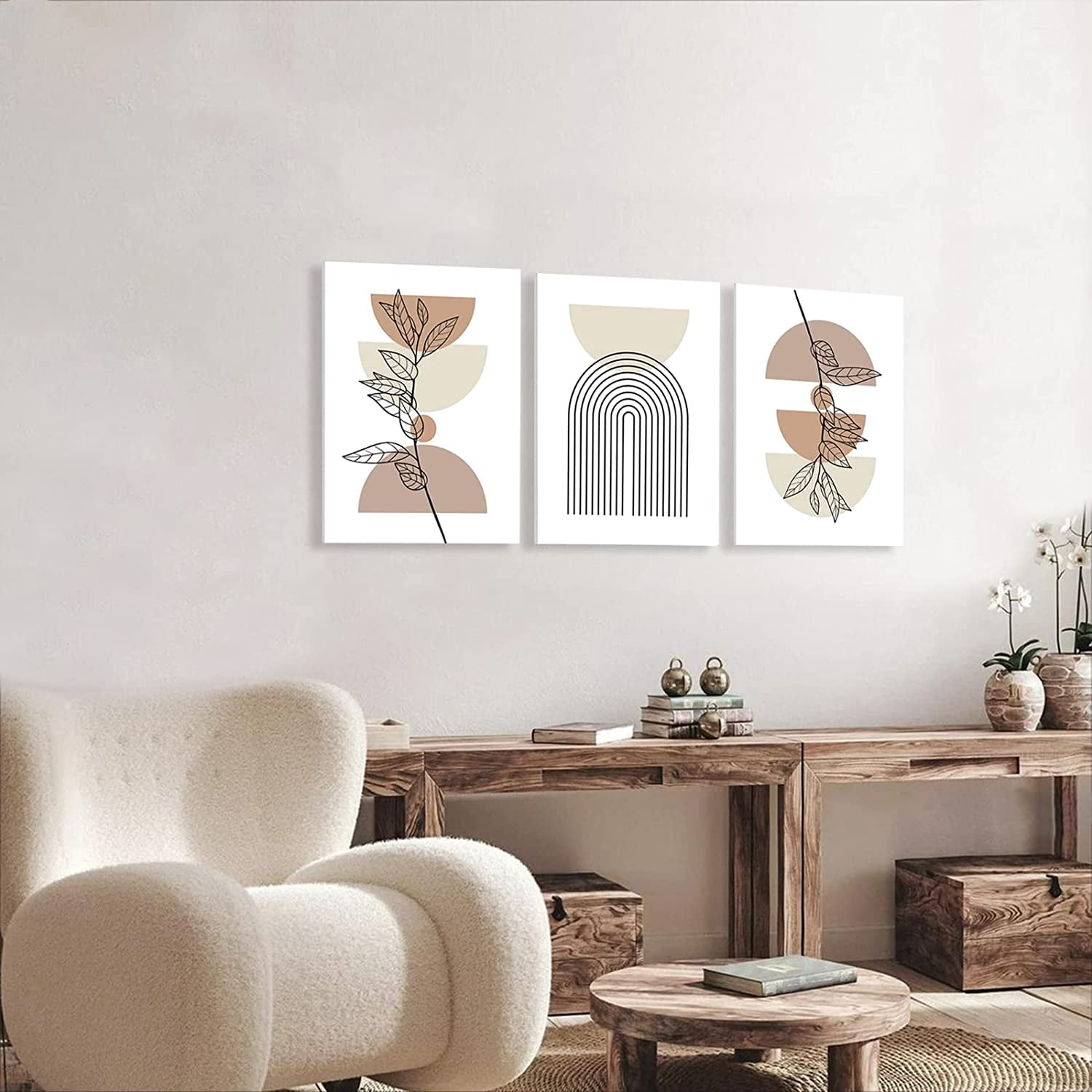 Minimalist Boho Wall Art Set of 3, Mid-Century Modern Wall Art, Framed Canvas Wall Art Moon Botanical Geometric Neutral Abstract Artwork Prints Modern Boho Room Wall Decor for Living Room,12x16
