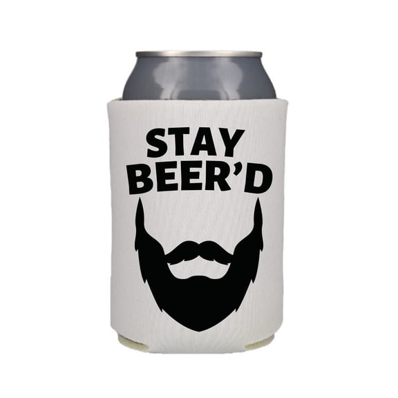 Funny Beer Can Cooler, Stay Beer'd, Funny Coolies Drink Accessory, Beer Sleeves, Party Gift Favors (White)