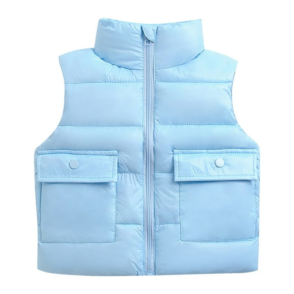Generic Walmart Deals Jacket for Boys Toddler Girls Sleeveless Collar Fall Winter Solid Color Down Vest with Pockets Smooth Zipper Jackets for Fashion Casual Clothing(3-4 Years,Blue)