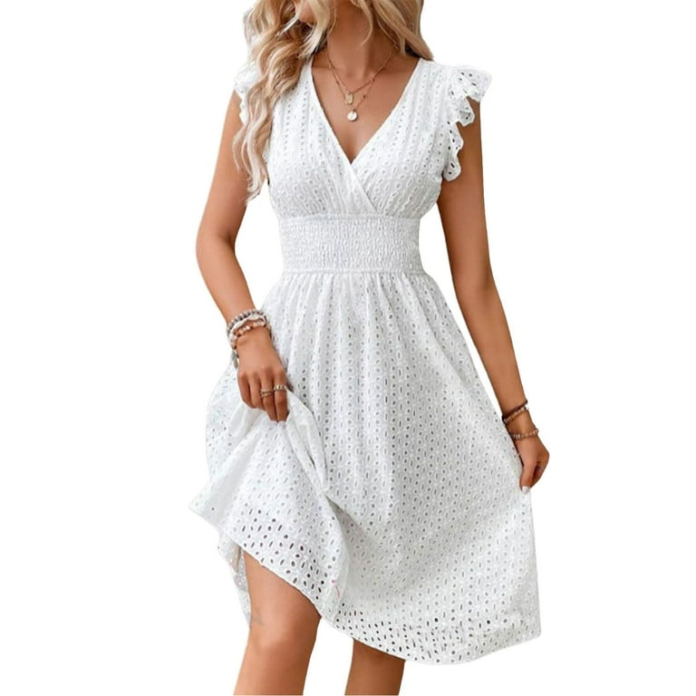 Women Eyelet Lace Embroidery Ruffle Waist Sexy Flowing Sleeves A Line Midi  Dress - Walmart.com