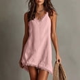 thumbnail image 2 of PRINxy Women's V Neck Spaghetti Strap Fringe Trim Cotton Linen Dress Asymmetric Hem Casual Short Dress for Summer Beach Vacation Pink XXL, 2 of 9