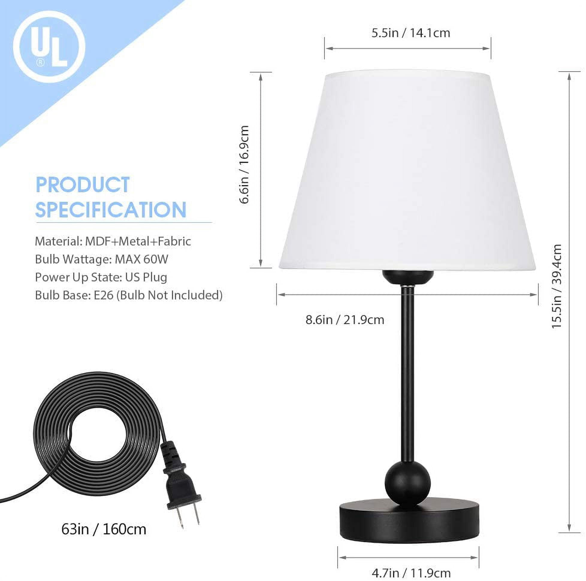 Simple Nightstand Desk Lamp with White Fabric Shade and Black MDF Base Set of 2