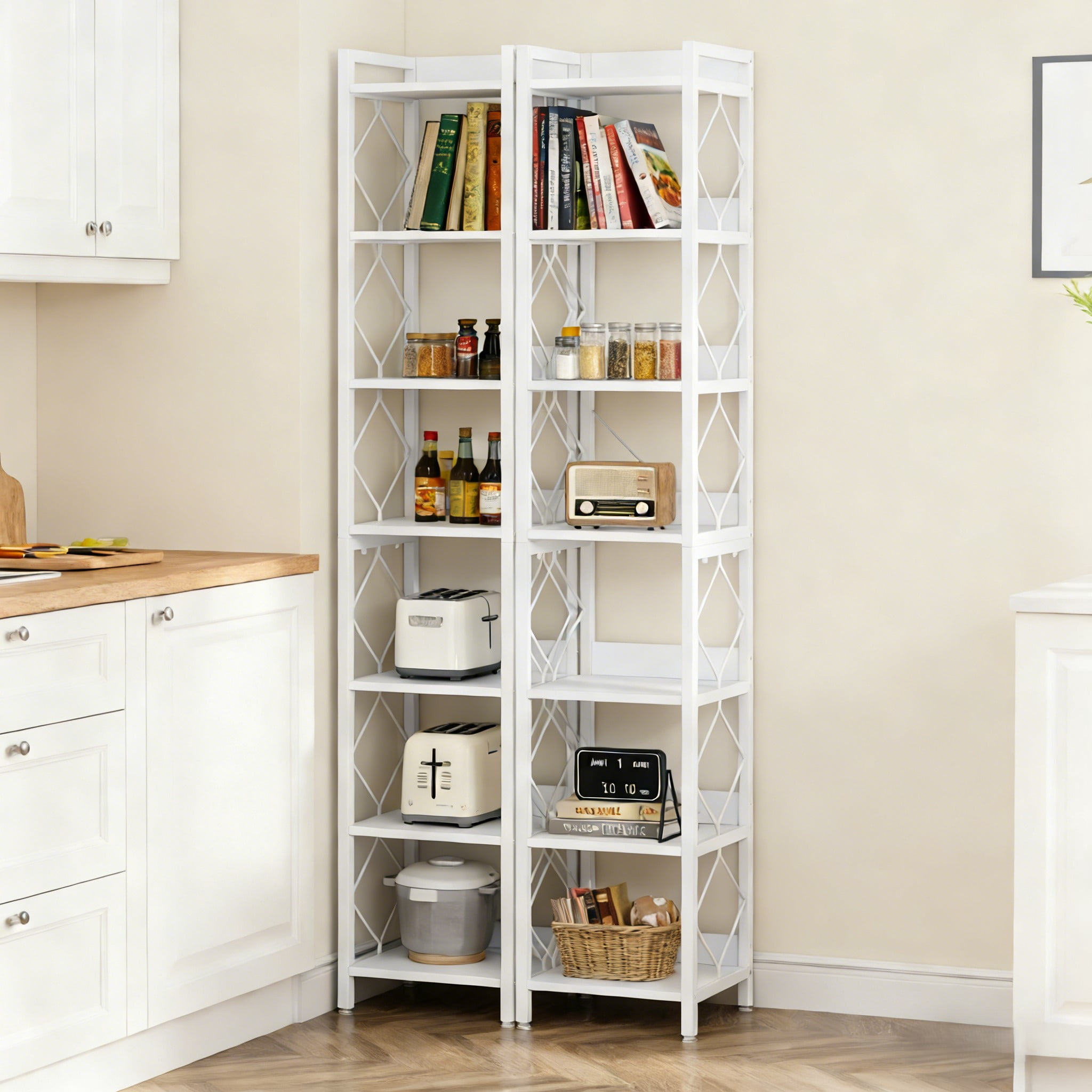 Fnova 78.7" 7-Tier Tall Storage Shelf, Narrow Metal Wood Bookshelf for Small Spaces, Office, Library, Living Room