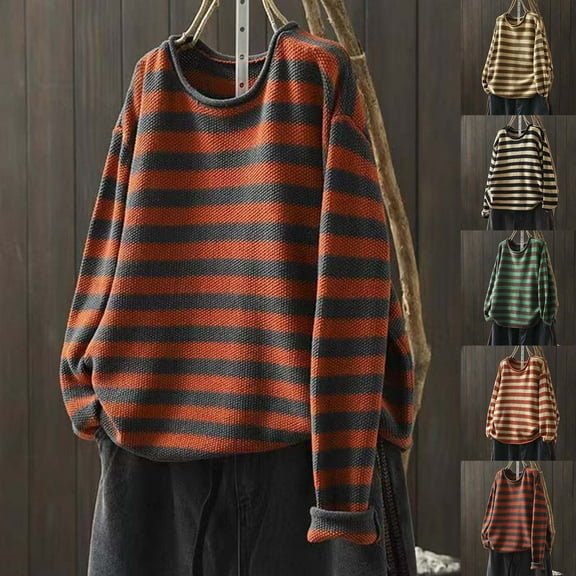Olyvenn Women Long Sleeve Crewneck Loose Sweater, Fashion Striped Color Block Knit Pullover Tops Fall Going Out Casual Sweaters Orange L