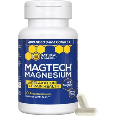 Natural Stacks MagTech Magnesium Supplement - Chelated Magnesium Complex - 3 Forms of Magnesium: Magtein Magnesium L-Threonate, Glycinate & Taurate - Supports Relaxation & Brain Health, 90 Capsules