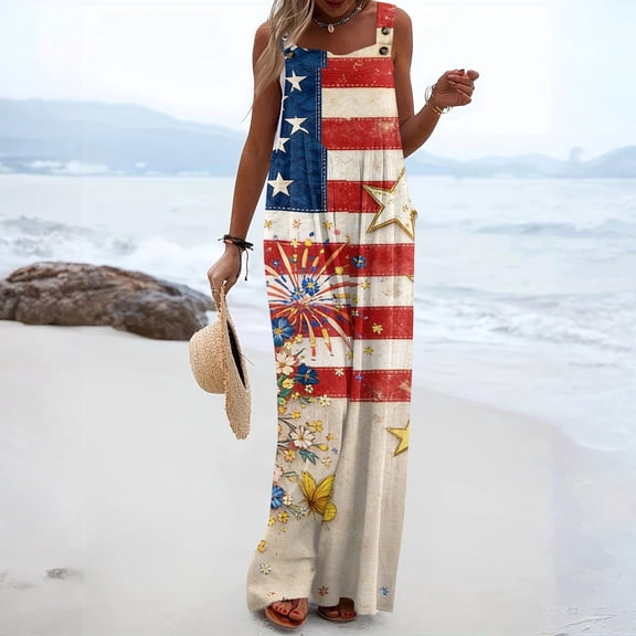 Iaqnaocc 250 Anniversary Usa Flag Women's Jumpsuits Plus Size American Flag Stars Sleeveless Wide Leg Summer One Piece Adjustable Strap Usa Flag Jumpsuits Overalls Beige S