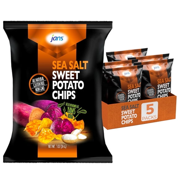 Jans Root Chips Sea Salt Sweet Potato Chips, Gluten Free, Non GMO, Savory Sweet Potato Yam Snack, Vegan Thin Sliced Roots Rhips, 3 oz (Pack of 5)