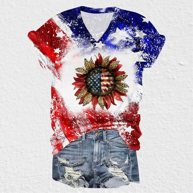 Fiudx Camisas para Mujer Blusas Casuales de Manga Corta con Cuello En V y Estampado Del Día Independiente de La Moda para Mujer