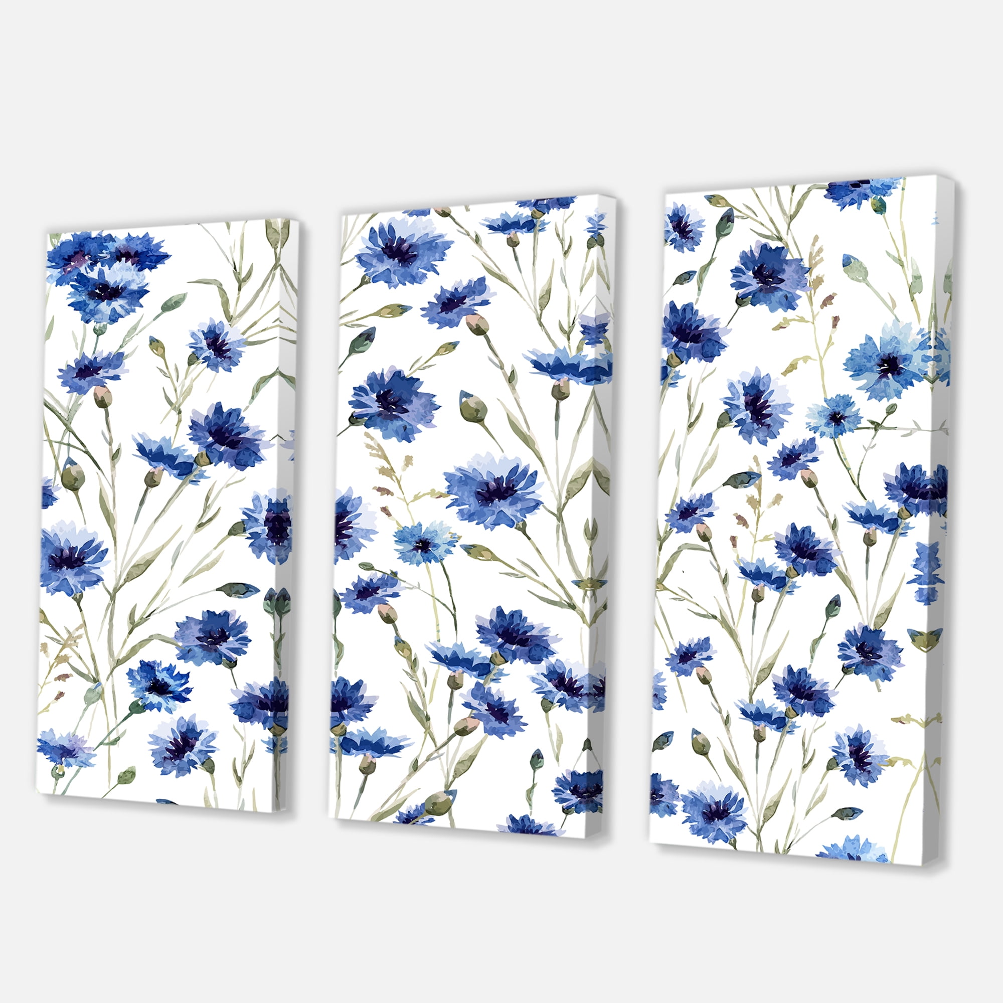 Designart ' Blue Wildflowers With Green Leaves On White ' Traditional Canvas Wall Art Print