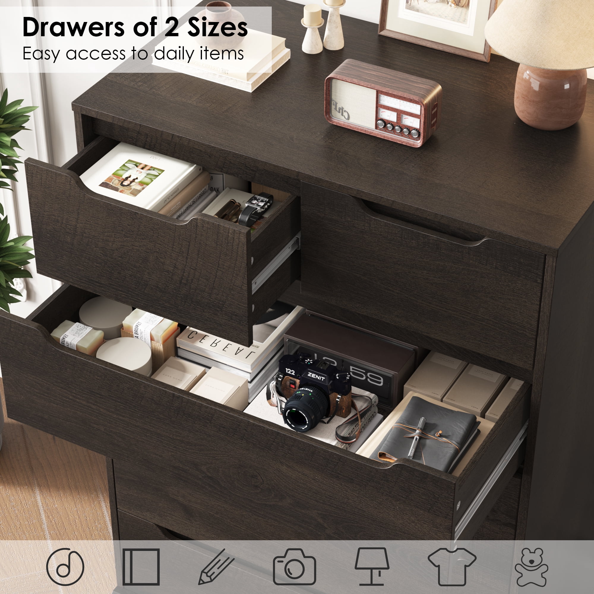 Homfa 6 Drawer Tall Dresser, 43.3" H Wood Storage Cabinet with Upgraded Stable Base Vertical Chest for Bedroom Living Room, Dark Brown
