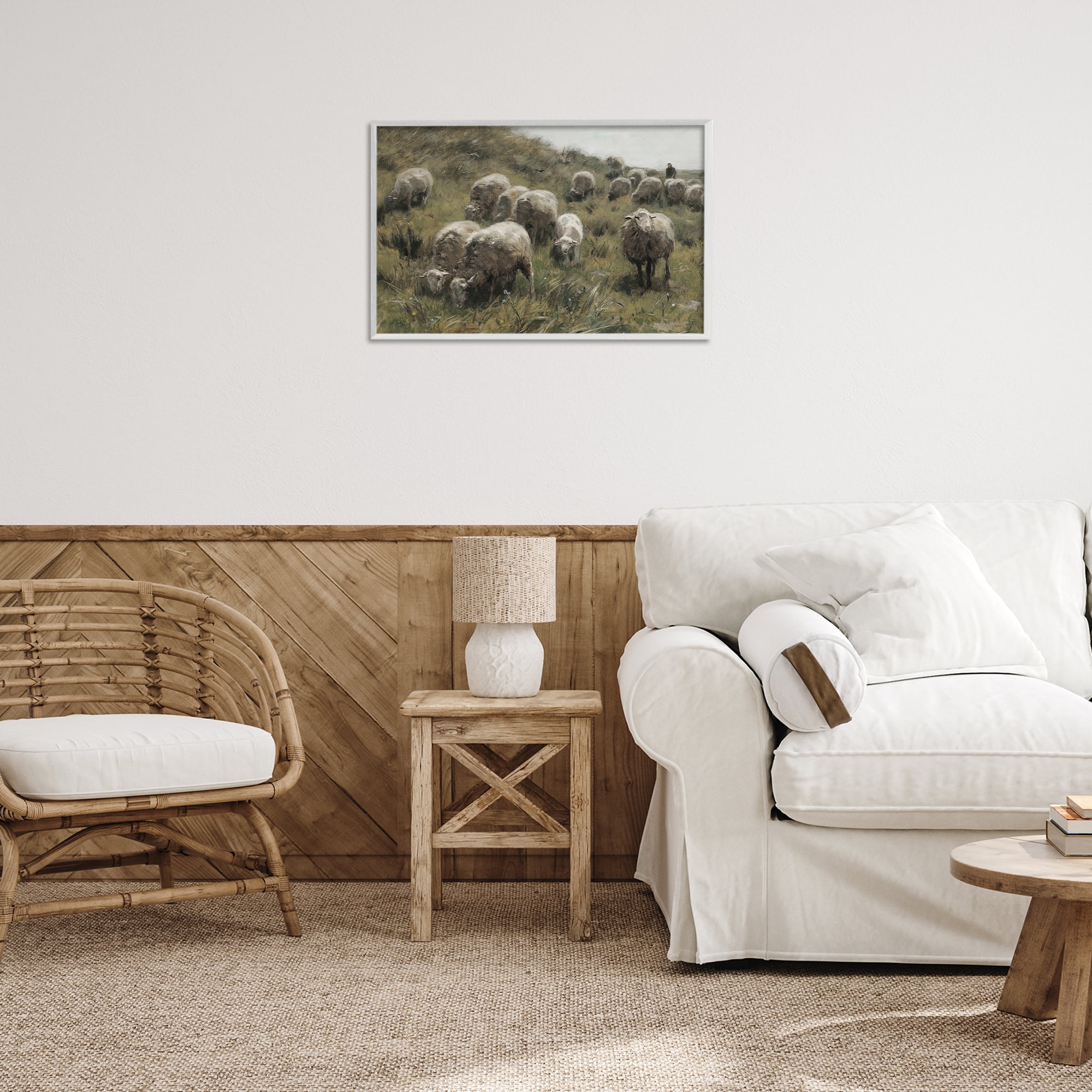 Stupell Industries Sheep At Pasture Landscape Painting White Framed Art Print Wall Art, 24 x 16