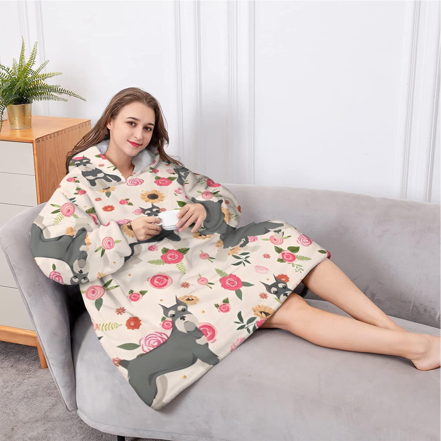 Oversized Wearable Blanket Hoodie,Schnauzer Dog and Flower Floral Sherpa Blanket Hoodie with Super Pockets,Super Warm Fuzzy Pullover for Women & Men