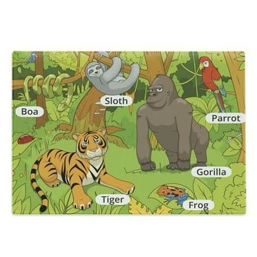 Science Cutting Board, Jungle Animals Colorful Funny Hand Drawn Style Zoo Nature Tropical Wildlife, Decorative Tempered Glass Cutting and Serving Board, Large Size, Multicolor, by Ambesonne