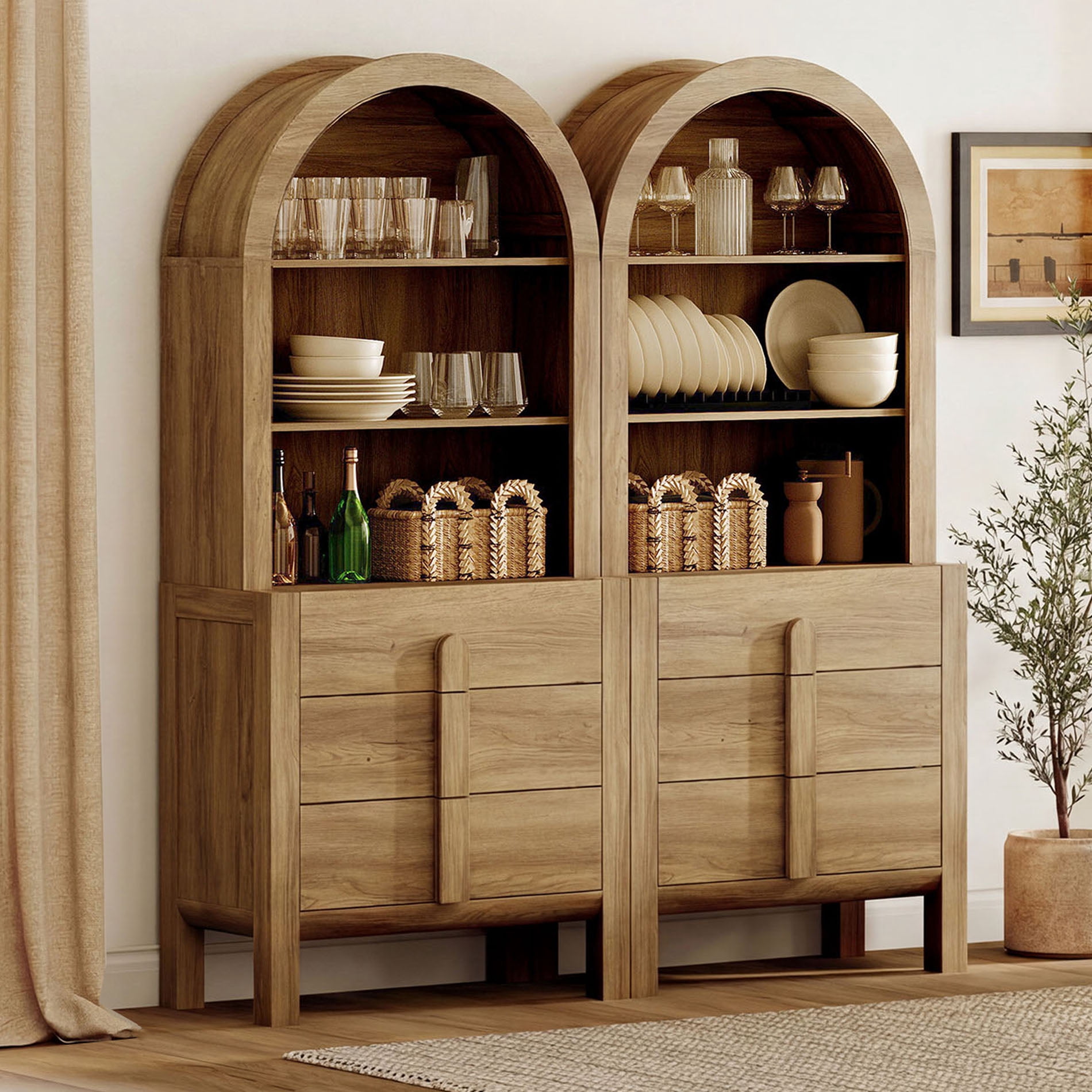 63"W Arched Kitchen Hutch Sideboard, Mid-Century Modern Wooden Buffet Hutch Cabinet with 6 Drawerrs And 3 Tier Shelves