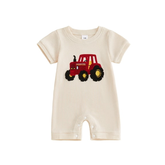 BemeyourBBs Newborn Baby Boys Summer Clothes Infant Baby Boy One Piece Waffle Romper Outfit Casual Tractor Embroidery Short Sleeve Romper Jumpsuit Playsuit