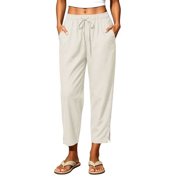 Vivianyo HD Women's Solid Drawstring Elastic Waist Pull On Long Pants, Summer Lightweight Full Length Straight Leg Trousers with Side Pockets for Travel Casual Daily Wear, Sizes S-3XL