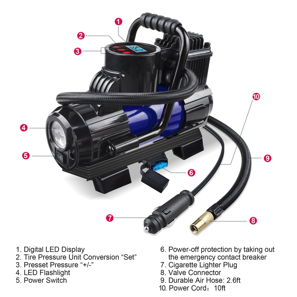 12V DC Portable 150PSI Air Compressor Car Tyre Tire Inflator Pump Auto Shut Off LED Digital Display with Carrying Bag