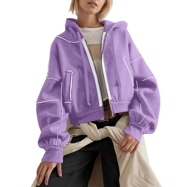 TIMIFIS Chandails à Capuche Zippés pour Femmes, Mode Décontractée, Manches Longues, Chandails Courts, Veste, Cardigan à Capuche à Cordon pour Adolescentes