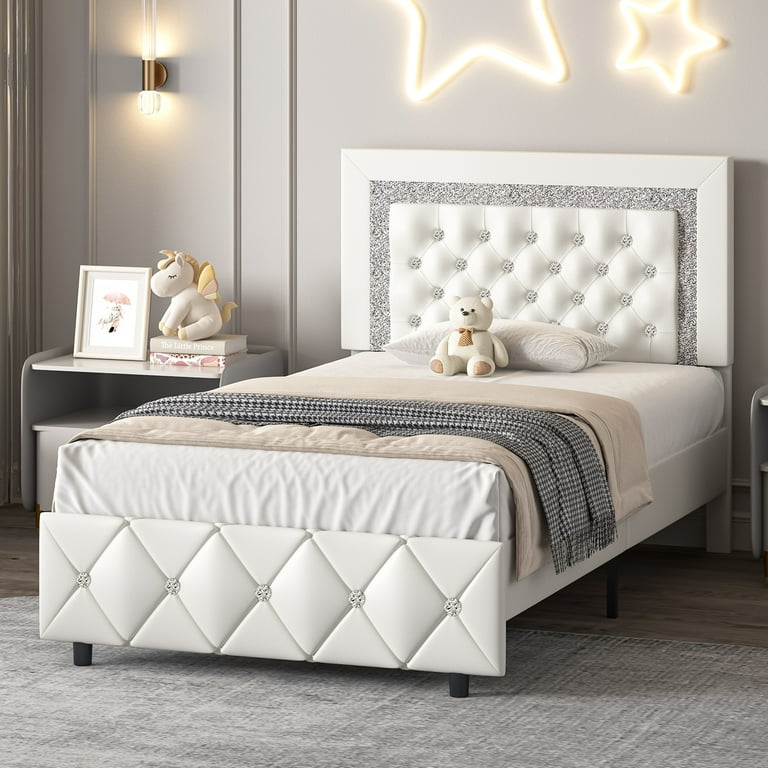 4 EVER WINNER Children s Size Twin Bed Frame Modern Style with Diamond Headboard and Footboard White Walmart