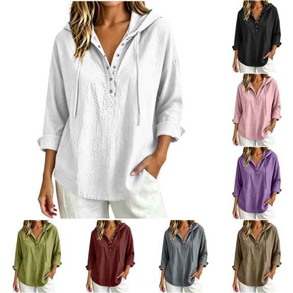 DYTTDG Solid Hooded Henley Blouse, Drawstring V-Neck Rolled 3/4 Sleeve Loose Fit Women's Casual Button Front Top