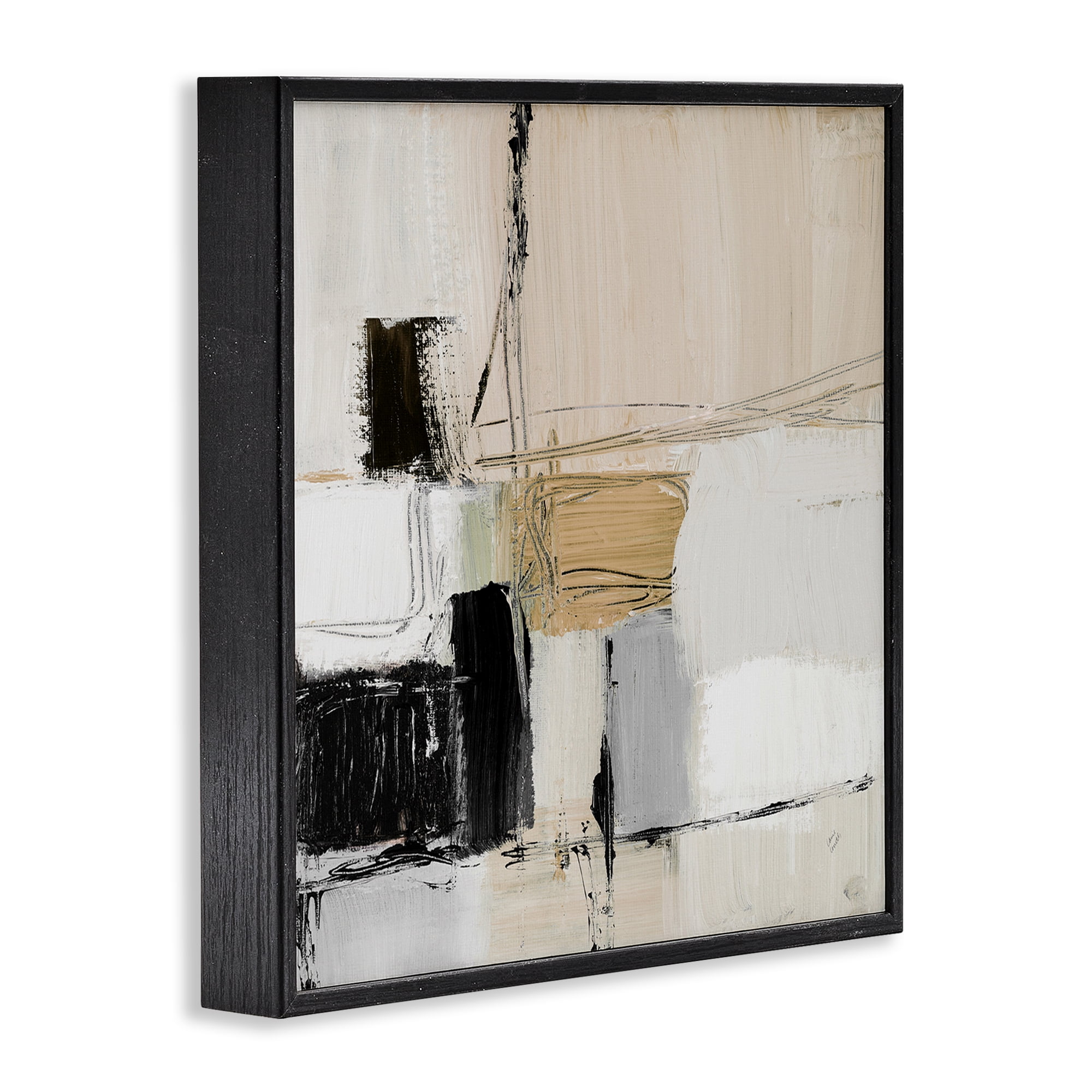 Stupell Industries Beige Black Organic Collage Abstract Painting Black Framed Art Print Wall Art, 17 x 17