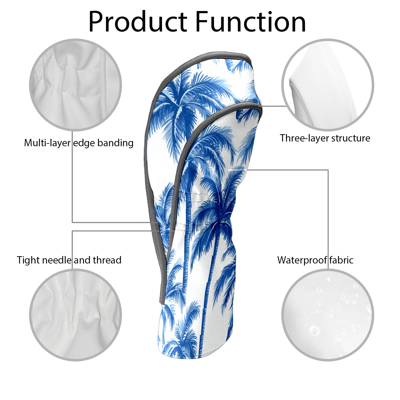 Golf Club Covers PU Leather Waterproof Head Covers for Fairway Woods Hybrids Blue Palm Tree