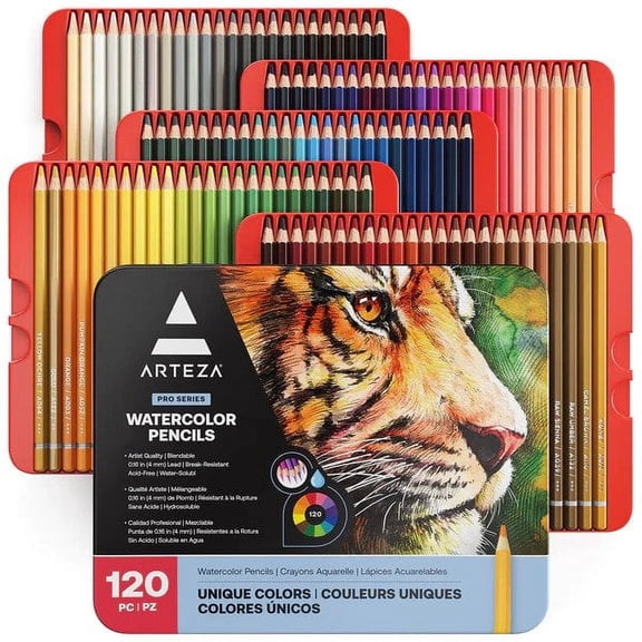Arteza Professional Watercolor Pencils Set, Assorted Colors, Coloring Set for Adult Artists, 120 Pack