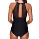 thumbnail image 5 of Traje de baño de bikini de una pieza plisado de malla con cuello alto y cuello en V de una pieza para mujer Negro L JM, 5 of 5