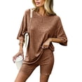 thumbnail image 2 of YI YI Ribbed Knit 2 Pieces Outfits for Women Pajamas Lounge Sets Oversized V Neck T-shirts Shorts Set with Side Slit L Brown, 2 of 9