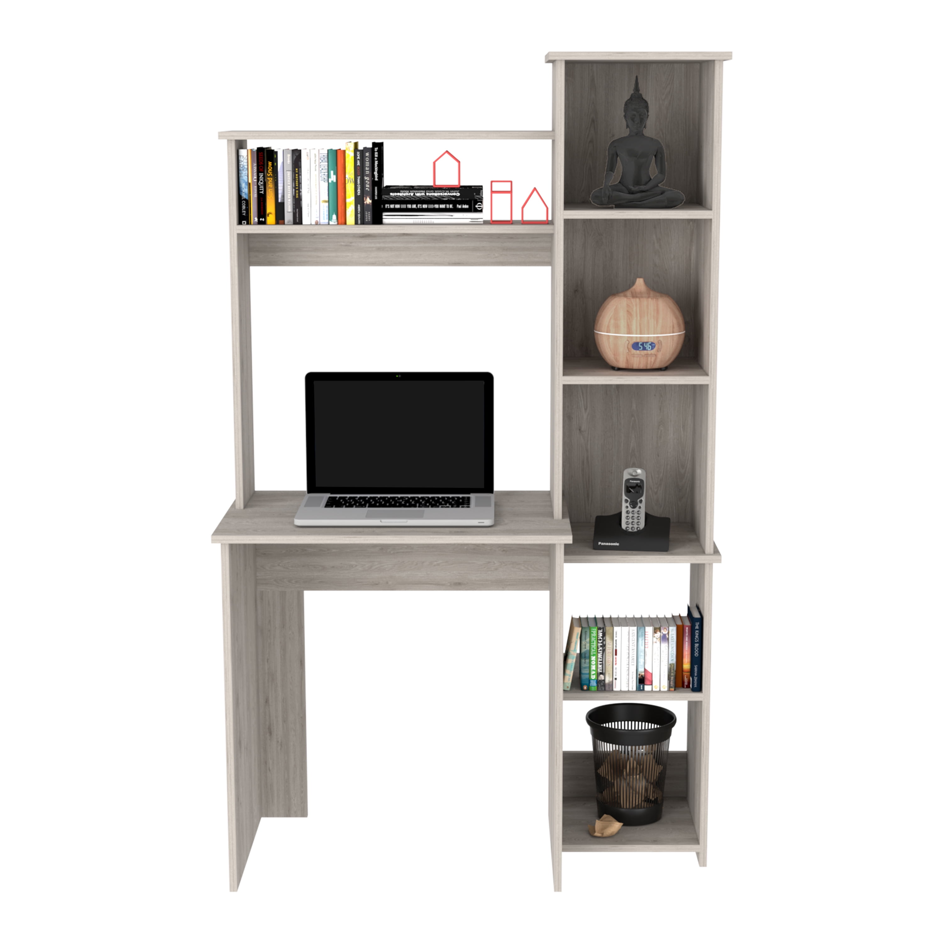 Astoutdoor Versalles Writing Desk with Two Shelves and Five Cubbies, Light Gray