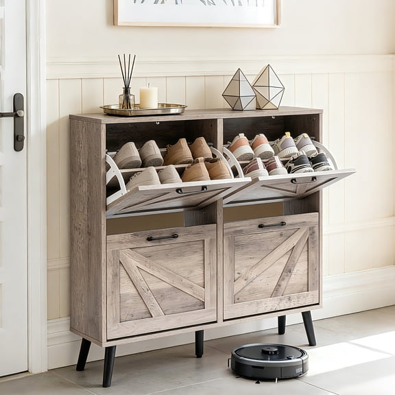 Ktaxon Shoe Cabinet with 4 Flip Drawers Farmhouse Shoe Storage Cabinet Organizer for Entryway, Washed Gray