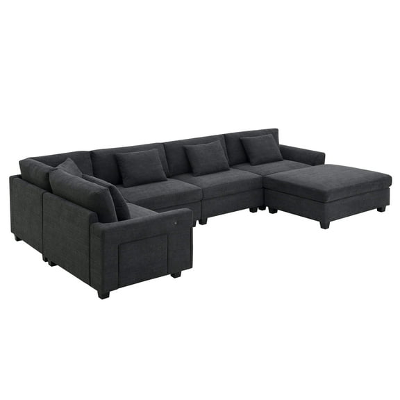 Chenille U Shaped Sectional Sofa with Ottoman and Storage, USB Ports, 2 Colors