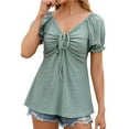 thumbnail image 2 of lmcalzta Womens Short Puff Sleeve Tops 2025 Trendy V Neck Tie Front Loose Fitted Solid Blouses Casual Summer Tees, 2 of 5