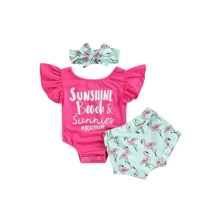 

ZIYIXIN Newborn Infant Baby Girl Letter Print Flying Sleeve Romper Bodysuit Flamingo Shorts Headband Summer Clothes Rose Red 0-3 Months