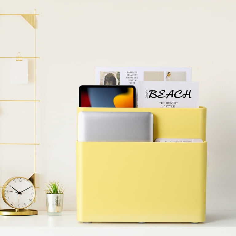 Freestanding Four Pocket Plastic Magazine Rack File Holder, Yellow