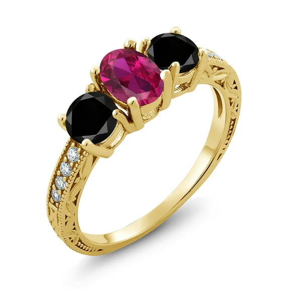 Gem Stone King 2.07 Ct Oval Red Created Ruby Black Diamond 18K Yellow Gold Plated Silver Moissanite Ring (Size 6)