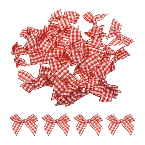 30Pcs Mini Gingham Ribbon Bow 1.5" Checkered Fabric Satin Ribbon Bows for Craft Red and White