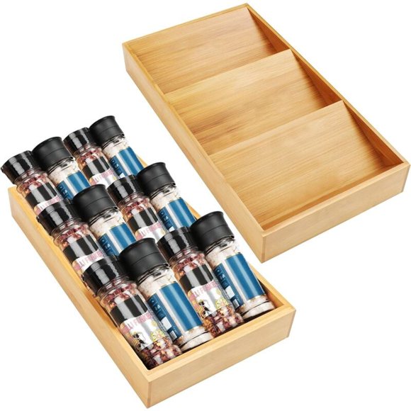 (Ensemble de 2) 2 Pcs Kurtzy Organisateur d'Épices en Bois de Bambou à 3 Niveaux - Étagère à Épices Inclinée pour Placards et Tiroirs - pour Sel, Épices, Vitamines et Suppléments