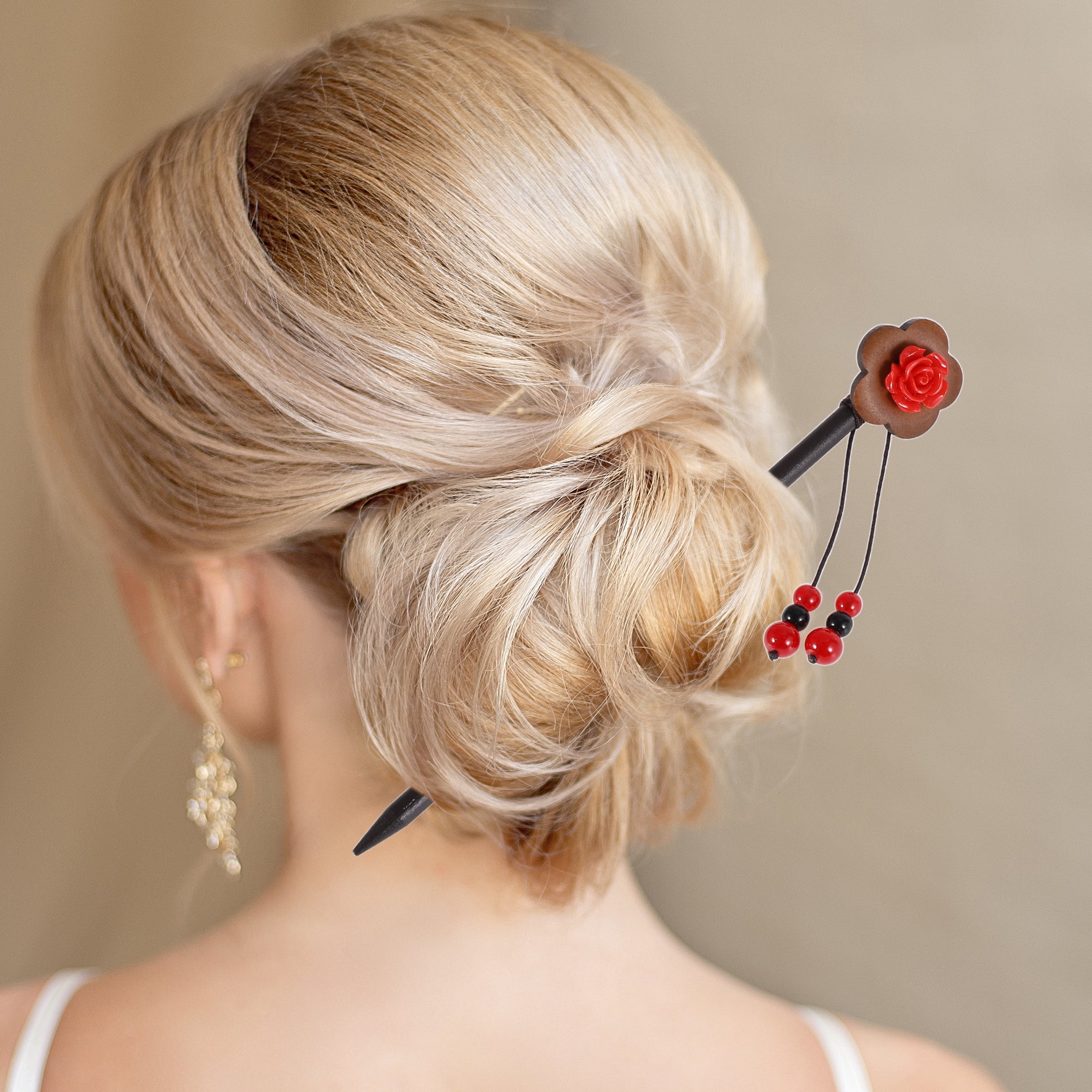 Unique Bargains Hair Chopstick for Women Black Red 1 Pc [Flowers]