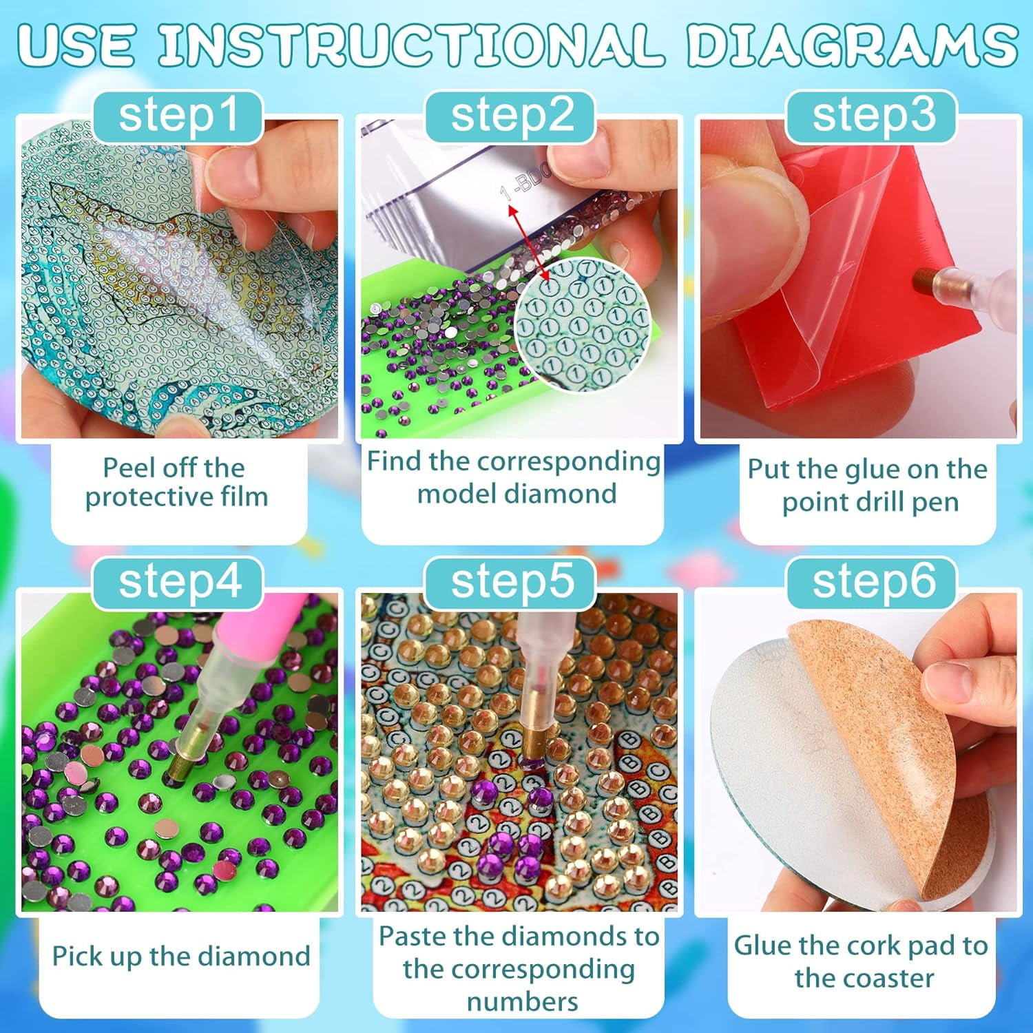 Goyunwell 8Pcs Ocean Diamond Art Painting Coasters Kits with Holder Diamond Art Non Slip Coaster Kits DIY with Holder Crafts for Adults Diamond Art Painting Kits Supplies for Christmas Gift