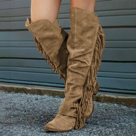 

Csengfiy Casual Shoes The For Women Boots Fringe Retro Knee Over Long Heels Boots women s boots