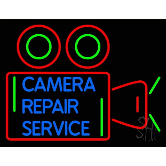 Blue Camera Repair Service Red Border LED Neon Sign 15 x 19 - inches, Clear Edge Cut Acrylic Backing, with Dimmer - Bright and Premium built indoor LED Neon Sign for Computer & Electronics store.