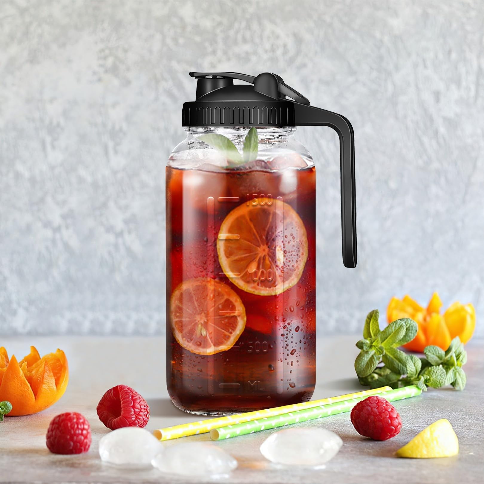 3 Pack 64oz Glass Mason Jar Pitchers with Lids,Sun Tea Pitchers for Outside,Ice Tea Pitcher for Fridge,2 Quart Pitcher for Cold Brew,Breast Milk,Lemonade,Coffee,Flavored Water,Airtight Lids(Black)