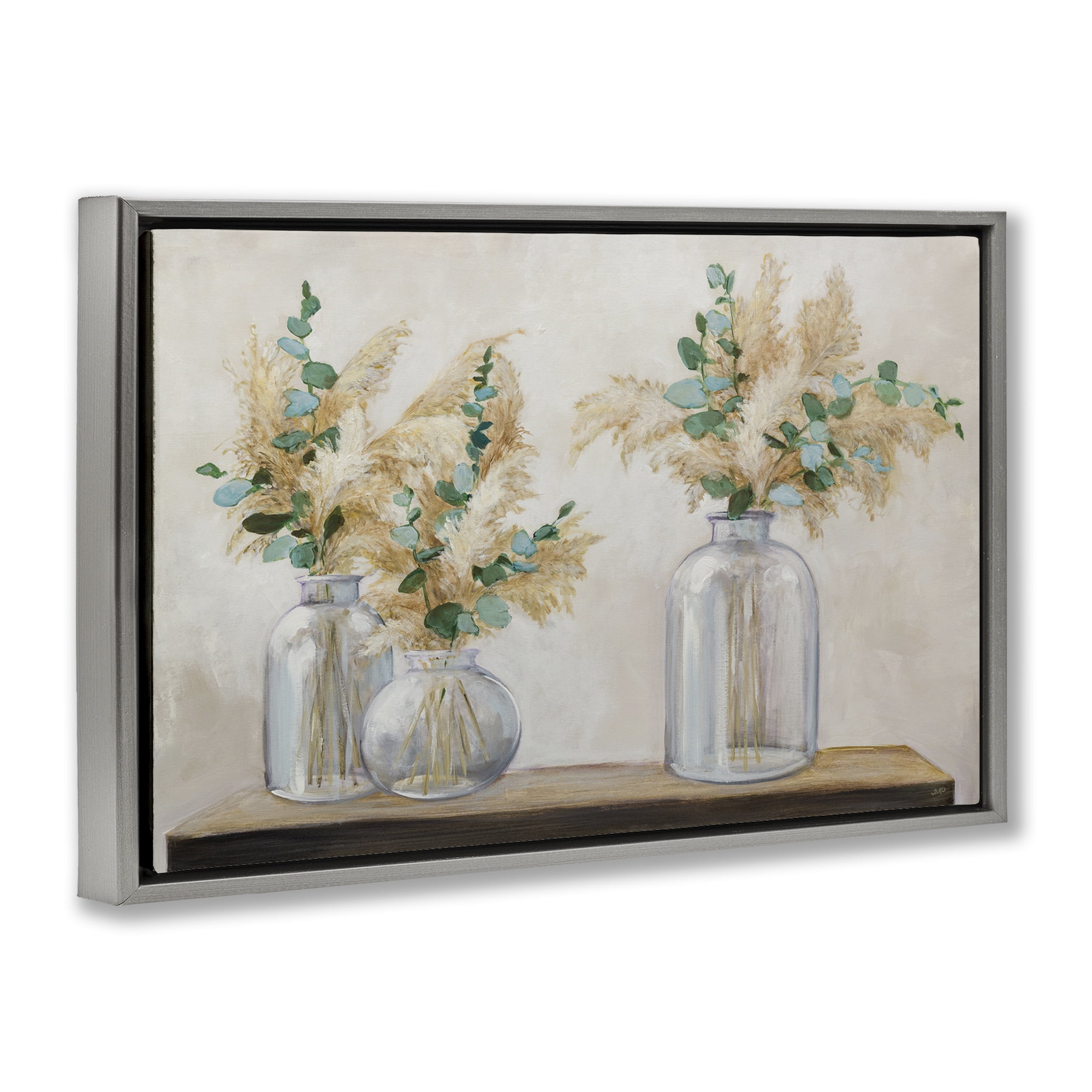 Stupell Industries Pampas & Eucalyptus Botanical & Floral Painting Gray Floater Framed Art Print Wall Art, 25 x 17