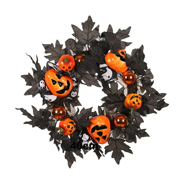 Corona de Halloween de 16 ", colgante redondo de calabaza con cinta para puerta delantera, corona de calabaza para Festival, , pared del