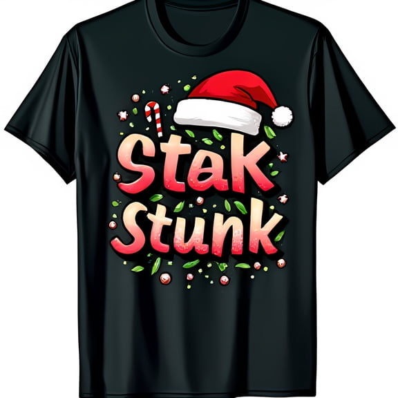Funny Black T-Shirt with Festive 'Stak Stink' Graphic Santa Hat & Candy Design
